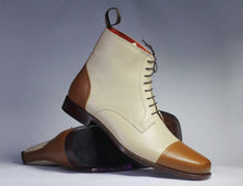 Load image into Gallery viewer, Ankle Brown White Cap Toe Lace Up Leather Boots - leathersguru
