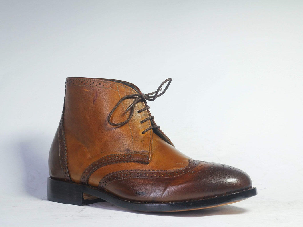 Men's Ankle Brown Wing tip Leather Boot - leathersguru