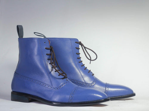Men's Ankle High Blue Cap Toe Leather Boot - leathersguru
