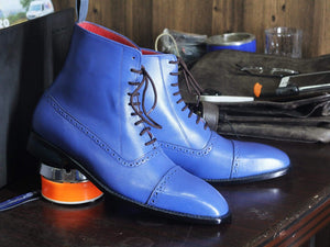 Men's Ankle High Blue Cap Toe Leather Boot - leathersguru