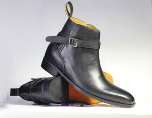 Bespoke Black Leather Half Ankle Buckle Up Boot - leathersguru