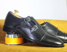 Load image into Gallery viewer, Bespoke Black Double Monk Leather Cap Toe Shoes For Men&#39;s
