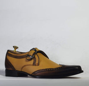 Men's Tan Brown Wing Tip Monk Straps Leather Shoes - leathersguru
