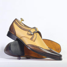 Load image into Gallery viewer, Men&#39;s Tan Brown Wing Tip Monk Straps Leather Shoes - leathersguru
