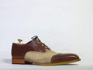 Men's Beige Brown Wing Tip Leather Suede Shoes - leathersguru