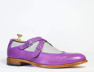 Men's Purple Gray Monk Straps Leather Denim Shoe - leathersguru
