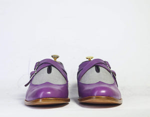Men's Purple Gray Monk Straps Leather Denim Shoe - leathersguru