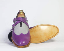 Load image into Gallery viewer, Men&#39;s Purple Gray Monk Straps Leather Denim Shoe - leathersguru
