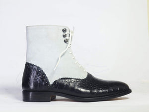 Men's Ankle White & Black Alligator Leather Suede Boot - leathersguru