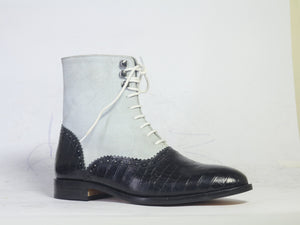 Bespoke Black Gray Leather Suede Ankle Lace Up Boots - leathersguru