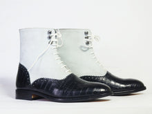 Load image into Gallery viewer, Bespoke Black Gray Leather Suede Ankle Lace Up Boots - leathersguru
