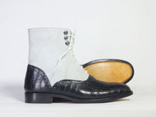 Load image into Gallery viewer, Bespoke Black Gray Leather Suede Ankle Lace Up Boots - leathersguru
