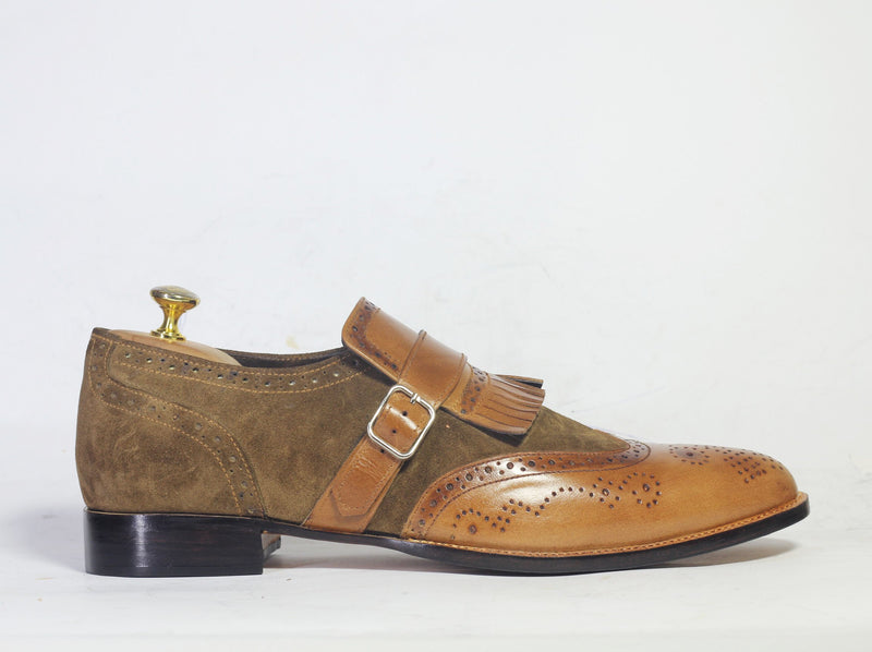 Bespoke Brown Leather Suede Fringe Monk Strap Loafer Shoes - leathersguru