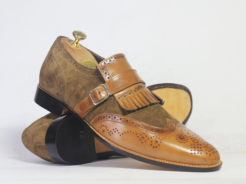 Bespoke Brown Leather Suede Fringe Monk Strap Loafer Shoes - leathersguru