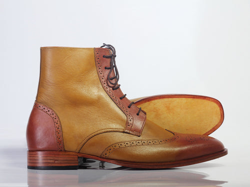 Bespoke Brown Tan Leather Ankle Wing Tip Lace Up Boots - leathersguru