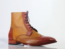 Load image into Gallery viewer, Bespoke Brown Tan Leather Ankle Wing Tip Lace Up Boots - leathersguru
