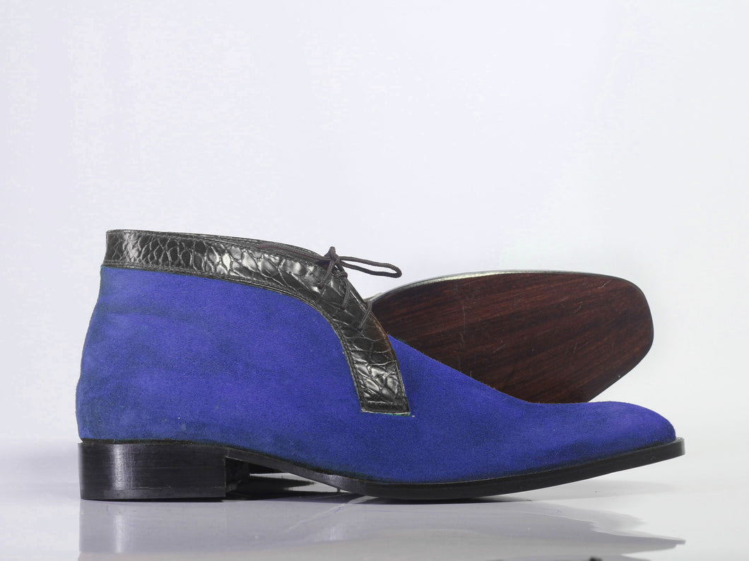 Bespoke Blue & Black Chukka Leather Suede Lace Up Boot - leathersguru