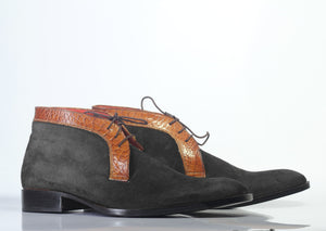 Bespoke Black Brown Chukka Leather Suede Lace Up Boot - leathersguru