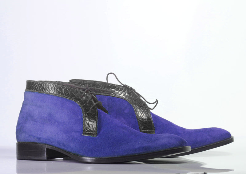 Bespoke Blue & Black Chukka Leather Suede Lace Up Boot - leathersguru