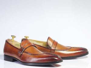 Bespoke Tan Leather Loafer Monk Strap Shoes for Men's - leathersguru