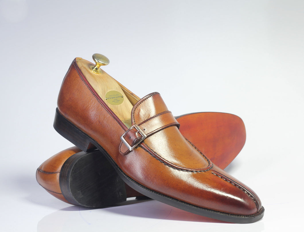 Bespoke Tan Leather Loafer Monk Strap Shoes for Men's - leathersguru