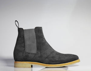 Bespoke Black Gray Chelsea Suede Boots - leathersguru