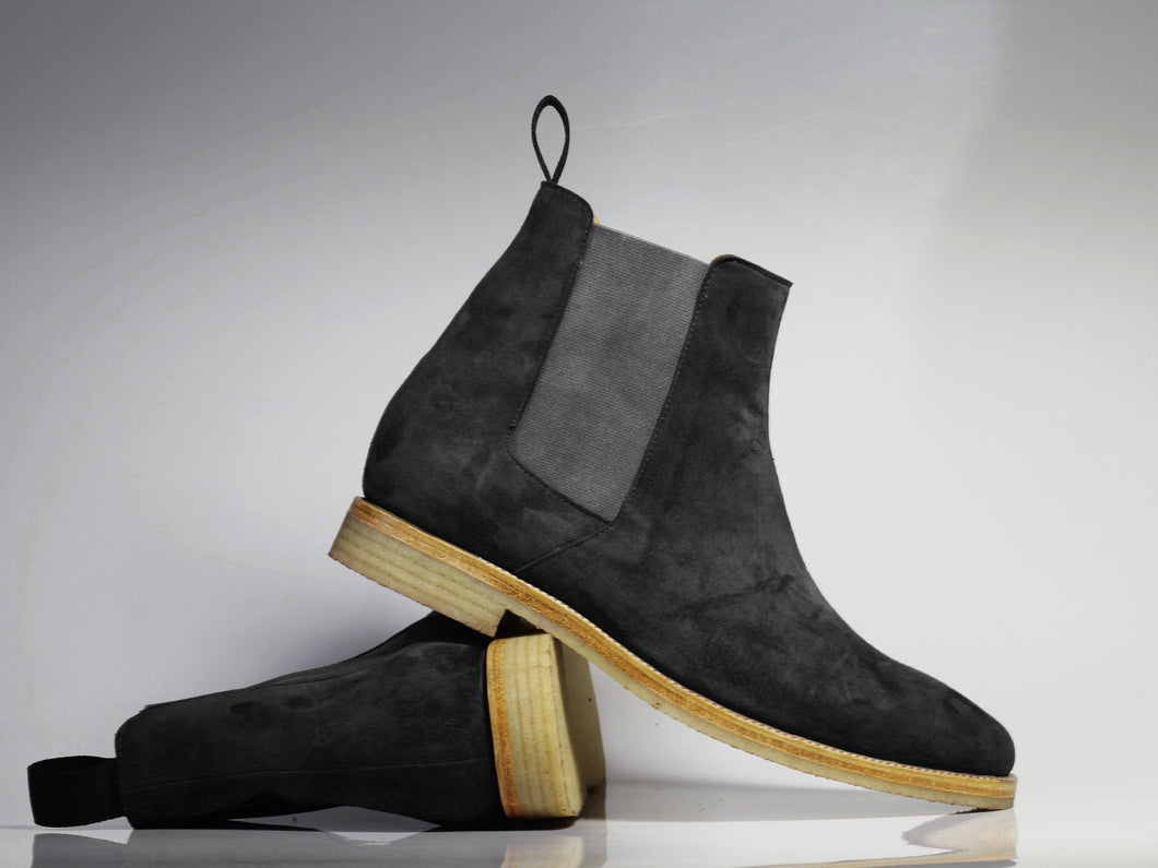 Bespoke Black Gray Chelsea Suede Boots - leathersguru