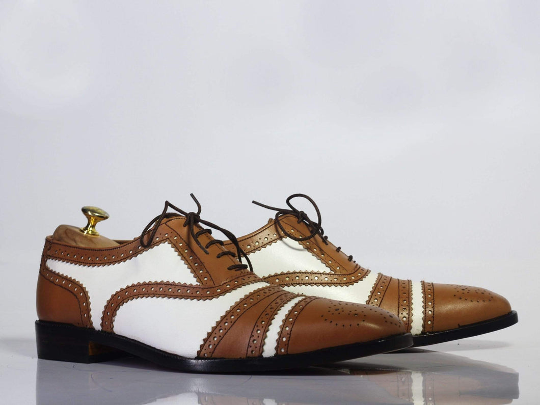 Men's Brown White Cap Toe Lace Up Leather Shoe - leathersguru