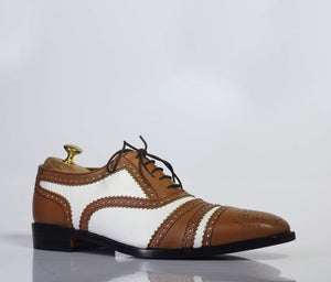 Men's Brown White Cap Toe Lace Up Leather Shoe - leathersguru