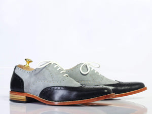 Men's Gray Black Wing tip Lace Up Leather Shoe - leathersguru