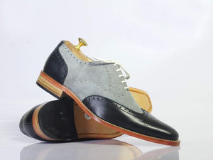 Men's Gray Black Wing tip Lace Up Leather Shoe - leathersguru