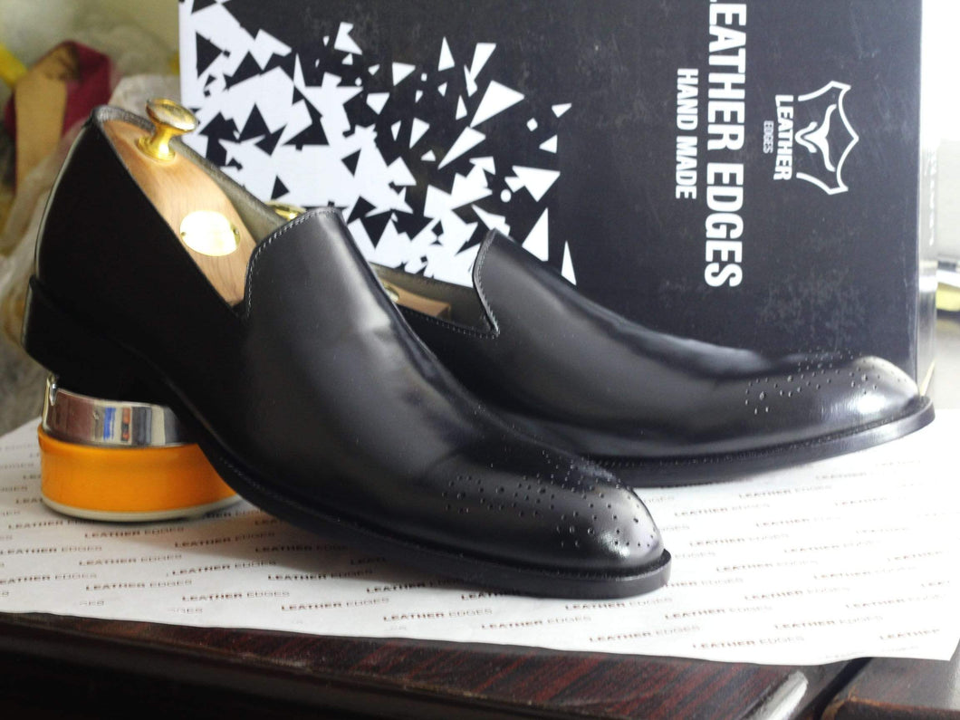Handmade Black Leather Loafers For Men's - leathersguru