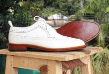 Load image into Gallery viewer, White Leather Wing Tip Brogue Shoes - leathersguru
