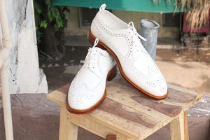 White Leather Wing Tip Brogue Shoes - leathersguru