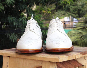 White Leather Wing Tip Brogue Shoes - leathersguru