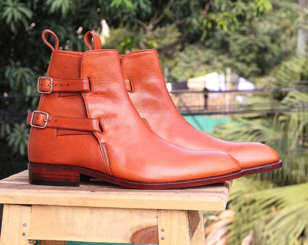 Handmade Buckle Tan leather Ankle boots For Men's - leathersguru