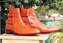 Load image into Gallery viewer, Handmade Buckle Tan leather Ankle boots For Men&#39;s - leathersguru
