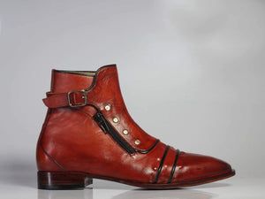Men's Brown Ankle Cap Toe Buckle Leather Boots - leathersguru