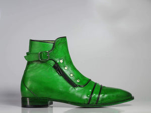 Men's Green Ankle Cap Toe Buckle Leather Boot - leathersguru