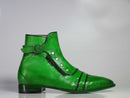 Handmade Green Leather Zip Buckle Up Boots For Men's - leathersguru