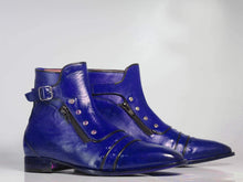 Load image into Gallery viewer, Men&#39;s Purple Ankle Cap Toe Buckle Leather Boot - leathersguru
