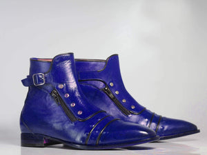 Men's Purple Ankle Cap Toe Buckle Leather Boot - leathersguru
