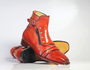 Men's Brown Ankle Cap Toe Buckle Leather Boots - leathersguru