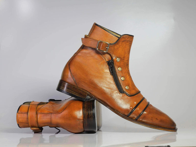 Men's Tan Ankle Cap Toe Buckle Leather Boot - leathersguru