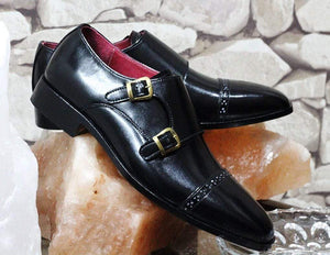 Handmade Black Leather Monk Men's Cap Toe Shoe - leathersguru