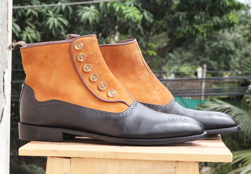 Bespoke Black Orange Leather Suede Ankle Button Top Boots - leathersguru
