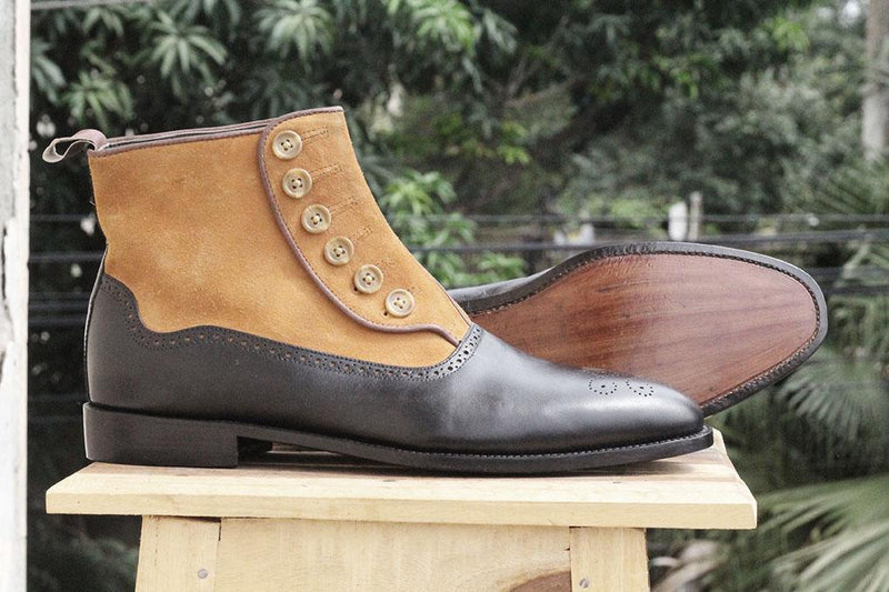 Bespoke Black Beige Leather Suede Ankle Button Top Boots - leathersguru