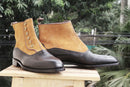 Bespoke Black Beige Leather Suede Ankle Button Top Boots - leathersguru