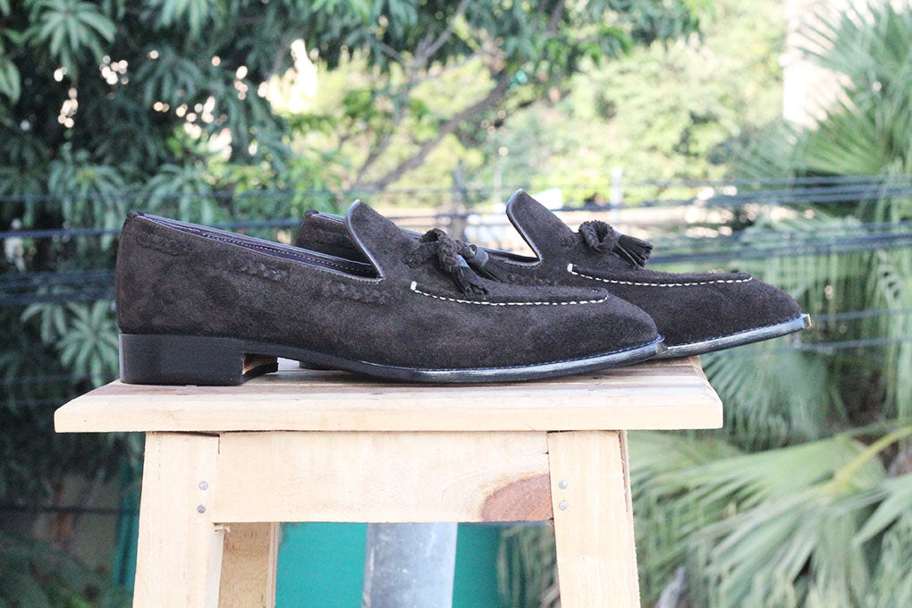 Bespoke Black  Suede Tussle Loafer Shoe for Men - leathersguru