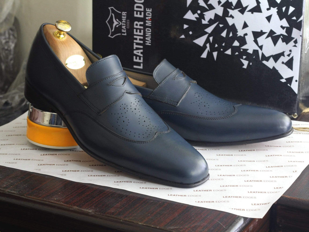Handmade Navy Blue Penny Loafers Leather Shoes For Men's - leathersguru